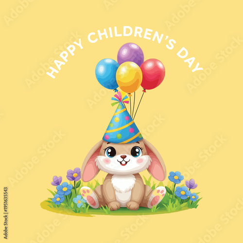 Mothers day vector illustration with cute bunny wearing party hat and balloons