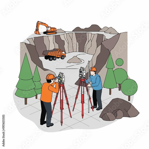 Surveyors using advanced equipment on construction site.