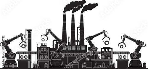Industrial factory, robotic arms, gears, conveyor belts, smokestacks, automation, machinery, workers, mechanical parts, black and white vector illustration, manufacturing process silhouette