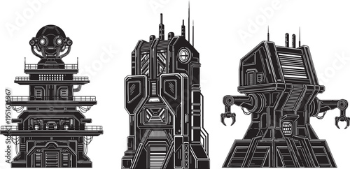 Futuristic sci‑fi buildings, communication tower, military command center, robotic industrial facility, advanced technology architecture, black and white vector illustration, science fiction  
