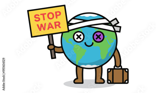 Injured Earth Cartoon Character Holding Sign.