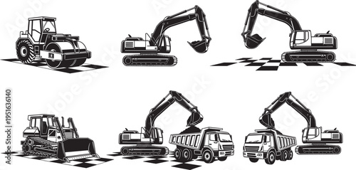 Road roller, excavator, bulldozer, dump truck, heavy construction machinery, earth‑moving equipment, industrial vehicles, black and white vector illustration, construction site silhouette,