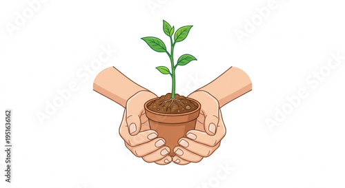 Human hands holding small green plant seedling in a pot for reforestation and ecology concept