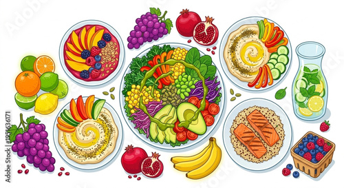 Healthy food collection with fresh fruits vegetables salad bowl and salmon for balanced diet