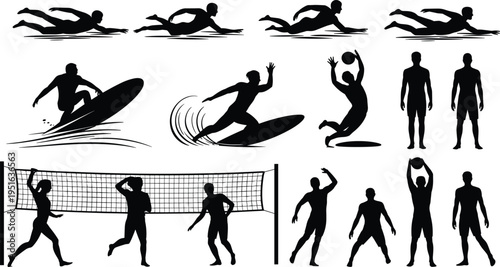 Collection of surfing and beach volleyball silhouettes showing athletes in dynamic action poses isolated on white background for sports design fitness lifestyle concept