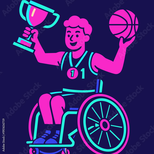 Disabled athlete celebrating victory, holding trophy and basketball in a vibrant style
