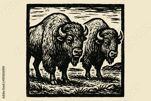 Two bison standing together in a vintage woodcut style background