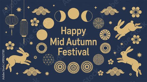 Flat design elements depict a Happy Thanksgiving Feast with food and family