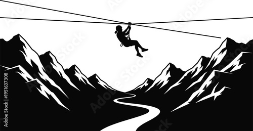 Zipline adventure mountain silhouette vector illustration design graphic, outdoor recreation travel sports art concept, black and white decorative creative collection