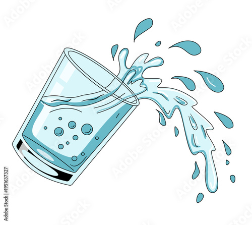 A cartoon illustration of a clear glass of water tipping over and spilling its contents, creating a dynamic splash of liquid on a white background.