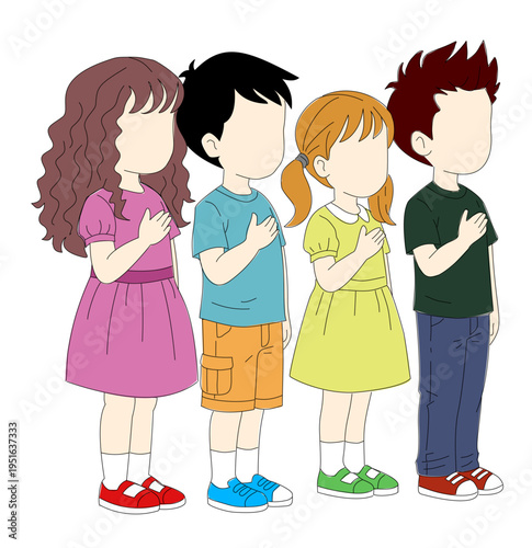 Four diverse children standing in a line with their hands over their hearts, performing a pledge or showing respect.