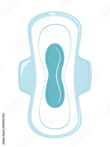 Illustration of a sanitary pad with wings and a blue absorbent core, designed for feminine hygiene and menstrual protection.