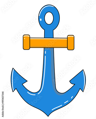 A vibrant blue cartoon anchor with an orange crossbar, depicted in a simple and clean illustration style.