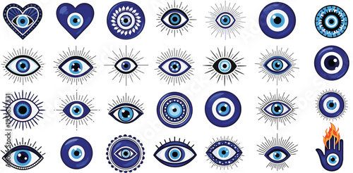 Evil eye symbol icon set blue nazar amulet protection spiritual talisman mystical charm collection isolated vector illustration