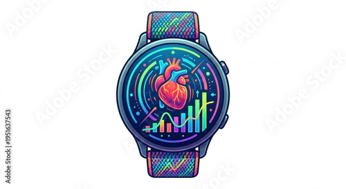 Smartwatch displaying heart rate monitor and health tracking data on screen for fitness