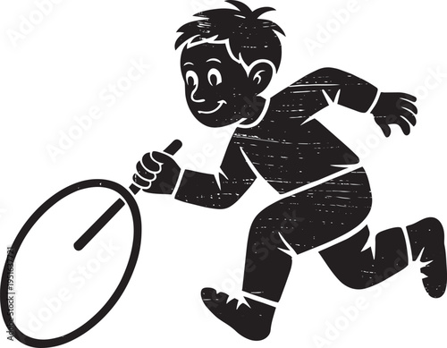 Black silhouette of a cheerful little boy playing with a hula hoop on a transparent background, vector illustration