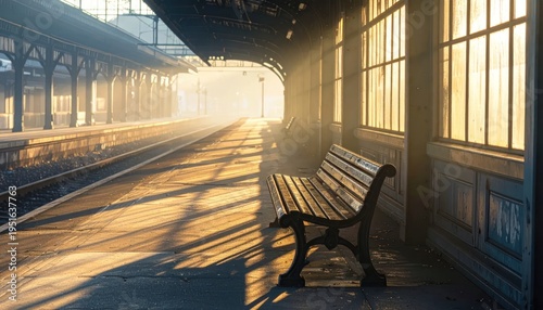 Wallpaper Mural Empty Train Station Bench at Sunrise. Torontodigital.ca