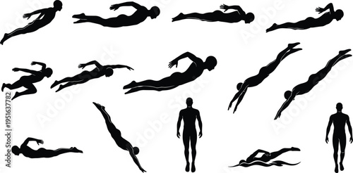 Swimming poses silhouette vector illustration design graphic, aquatic sports training fitness art concept, black and white decorative creative collection