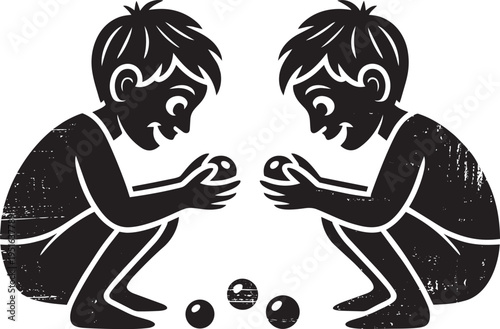 Black silhouette of two happy boys playing marbles on a transparent background, vector illustration