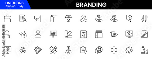 Branding icon set. Containing marketing, product, brand value, design, logo, brand development, social media, advertising and loyal customers icons