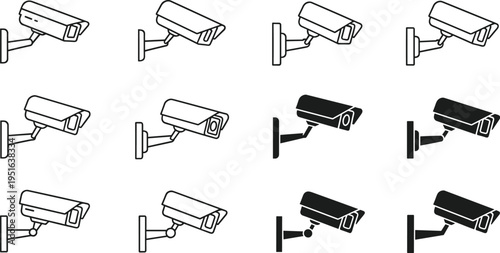 Surveillance security camera icon collection vector illustration design graphic, technology monitoring safety system art concept, black and white decorative creative set