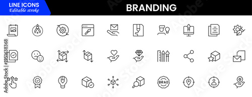 Branding icon set. Containing marketing, product, brand value, design, logo, brand development, social media, advertising and loyal customers icons