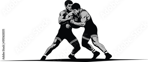 Wrestling athletes grappling silhouette vector illustration design graphic, sports competition fitness strength art concept, black and white decorative creative collection
