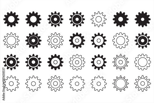 Black and white gear symbol set for UI design engineering templates and industrial graphics