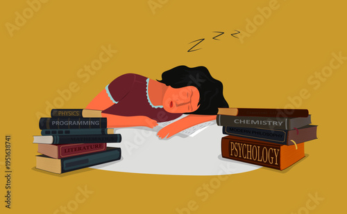 Exhausted Female Student Sleeping on Desk Surrounded by Stacks of Academic Books