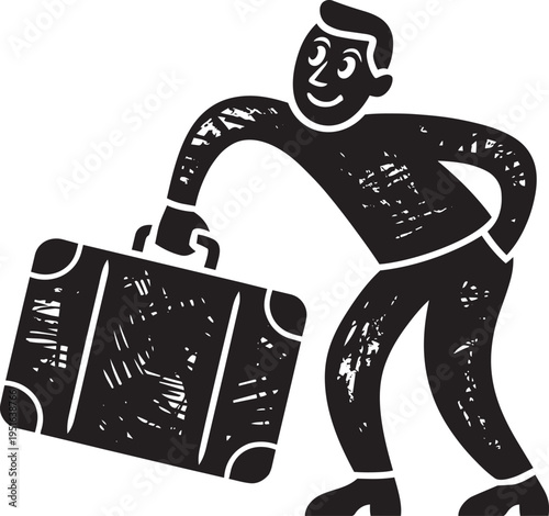 Happy man carrying a suitcase, ready for travel or vacation, cheerful person on journey