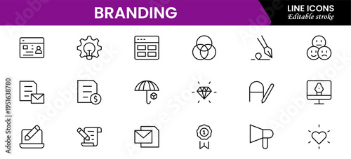 Branding icon set. Containing marketing, product, brand value, design, logo, brand development, social media, advertising and loyal customers icons