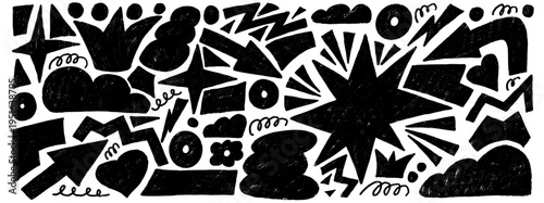 Naive charcoal geometric and abstract shapes with noisy sharp texture. Doodle geometry figures with star, arrow, crown and clouds forms. Vector paper collage elements isolated on white background.