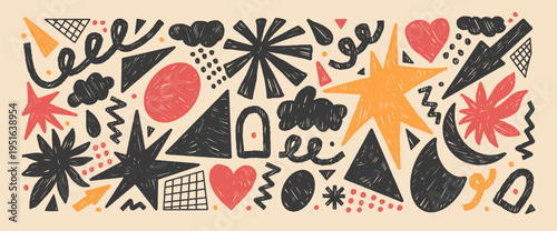 Hand-drawn kids chalk elements abstract shapes. Figures doodle with crayon texture. Geometric figures, stars, arrow element. Playful scribble stickers pencil y2k. Vector graphics for modern collage.