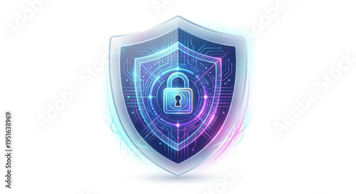 Futuristic digital shield and padlock for cyber security and data protection concept in glassmorphism