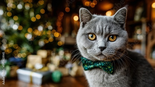A charming gray cat wearing a festive bow tie, gracefully lounging in a snug setting adorned for the holidays