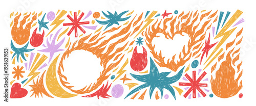 Crayon fire punk doodles elements set. Funky grunge texture flames handmade. Doodle fireball and burned heart icons. Scribbles pastel oil stickers collage. Vector naive simple scribble elements bg.