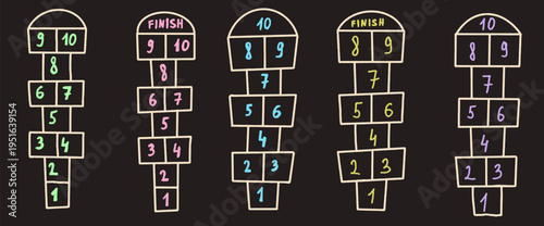 Hop scotch games chalk drawn brush stroke set isolated on dark background. Children playground outdoor entertainment. Vector colorful wax crayon handwritten illustration..