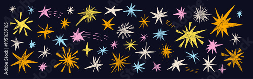 Colorful pastel brush drawn magic stars. Crayon twinkles spark night sky. Pencil scribble twinkles collection. Kids collage stickers blinks. Christmas childish simple decor. Vector asterisk isolated.
