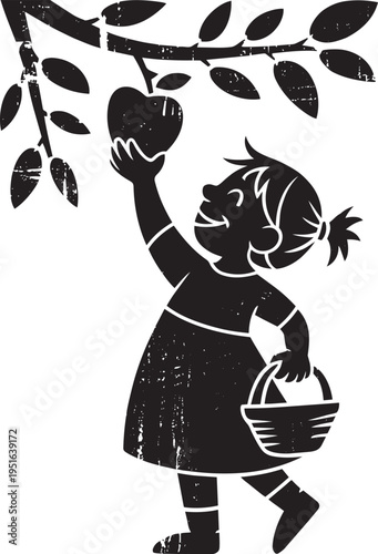 Little girl picking apple from tree, hand drawn woodcut style illustration of child enjoying fruit harvest
