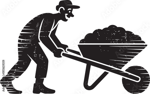 Man pushing wheelbarrow with earth, construction worker, gardener, farm labor, agriculture, farming activity