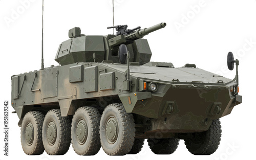Side view of a modern armored military transport vehicle with a prominent turret and cannon, featuring eight rugged wheels. vector illustration symbolizing army power and defense