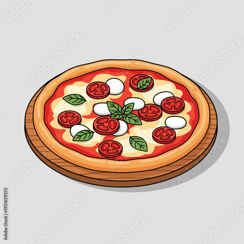 A delicious, freshly baked Margherita pizza with tomatoes, mozzarella, and basil leaves on a wooden board.