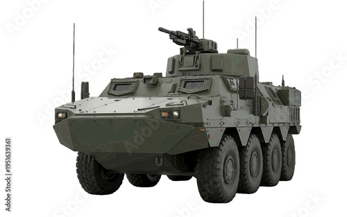 Heavy armored military transport vehicle with multiple wheels and a mounted turret a gun, isolated on a white background. vector illustration of a combat for army or defense concepts