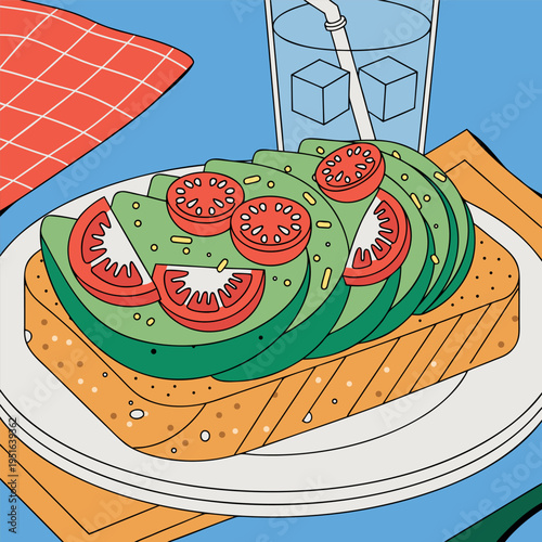  illustration of sliced avocado and fresh tomato on toasted bread, with leaves and herbs around, clean lines