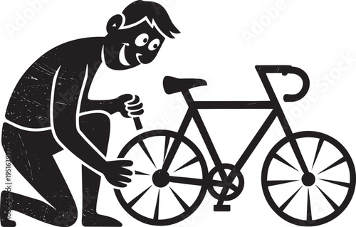 Man repairing bicycle wheel, male character fixing bike part, silhouette on transparent background, vector illustration