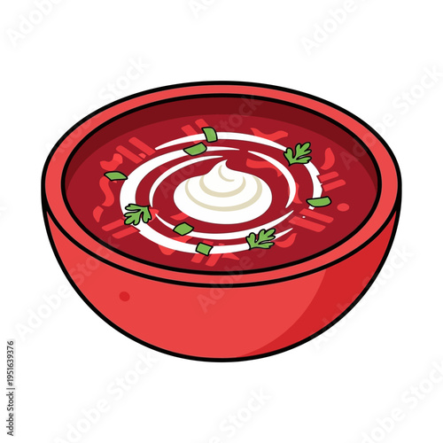 A vibrant illustration of a bowl of borscht, a traditional Eastern European soup, garnished with sour cream and herbs.