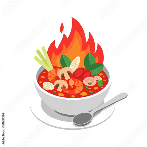 A vibrant illustration of Tom Yum soup, a spicy and flavorful Thai dish, with flames.