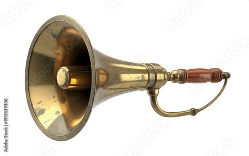 A gleaming vintage brass bullhorn or megaphone with a wooden handle and a flared bell, isolated on white. illustration of an antique communication device a worn, polished finish