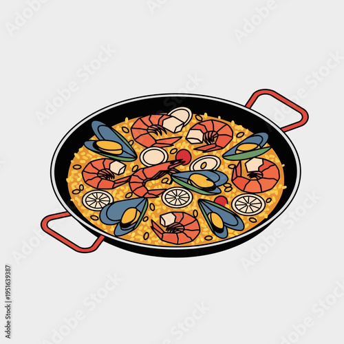A vibrant illustration of a seafood paella dish, showcasing various ingredients and flavors.