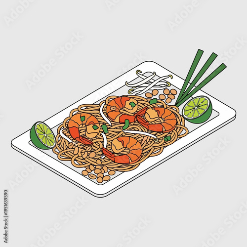 A detailed illustration of Pad Thai noodles with shrimp, lime, and bean sprouts.